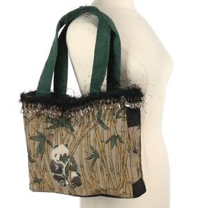 The Schoonie Bag tan & black embroidered w panda & bamboo 11”Hx12”W shoulder bag